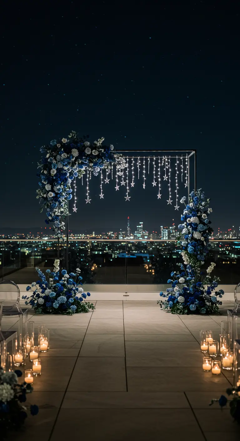Moderne bloemenboog met blauwe bloemen en sterlichtjes op een dakterras 's nachts.