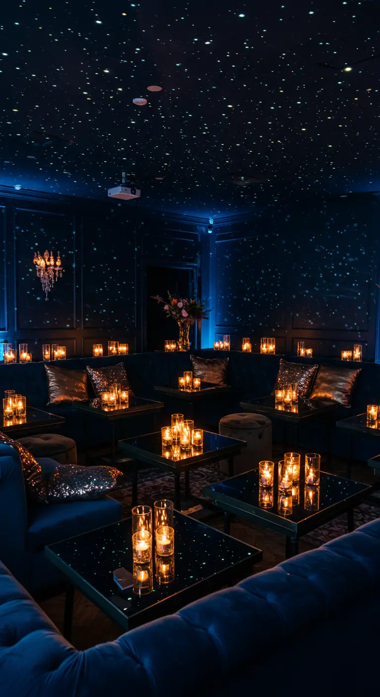 Donkerblauwe lounge met geprojecteerde sterrenhemel, fluwelen banken en veel kaarslicht.