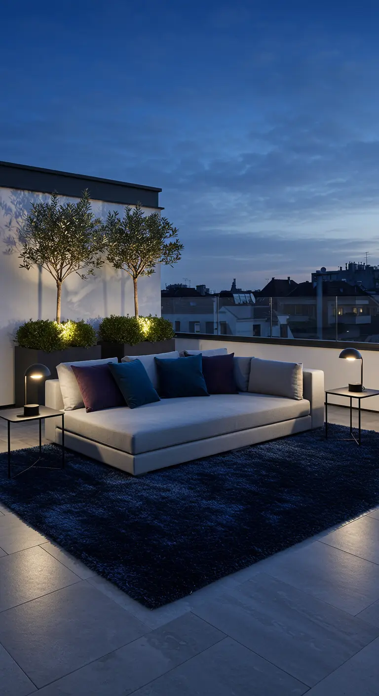 Modern dakterras 's avonds met een grote loungebank en een donkerblauw, hoogpolig buitenkleed.