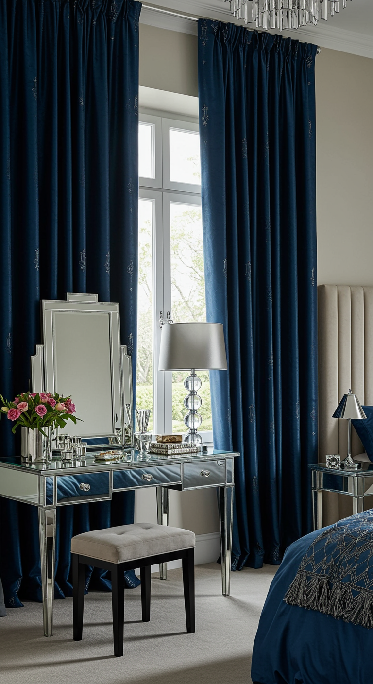 Chique slaapkamer met donkerblauwe glanzende gordijnen en make-uptafel.