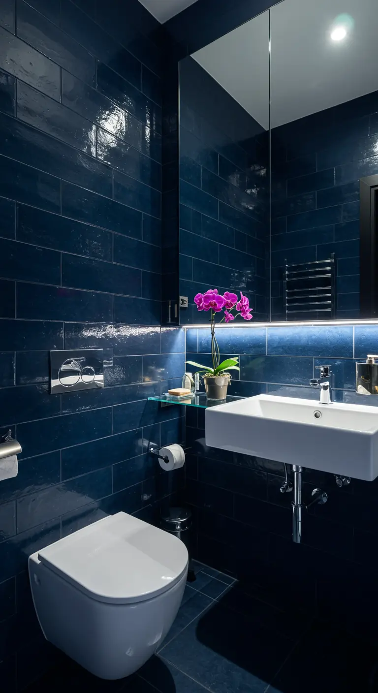 Moderne badkamer met glanzende diepblauwe tegels en witte wasbak.