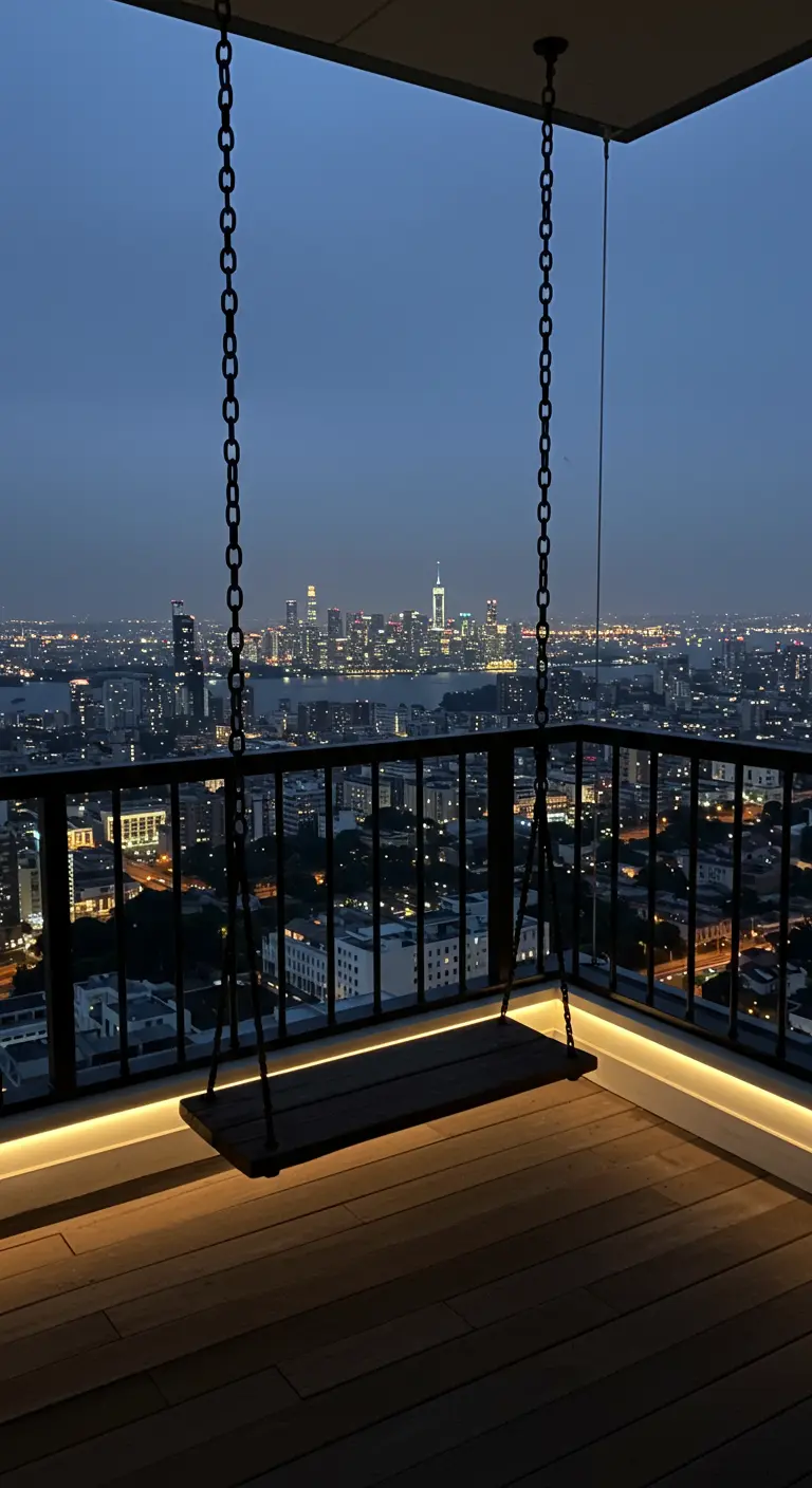 Houten plank schommel op hoogbouw balkon met stadslichten 's nachts, ledverlichting.