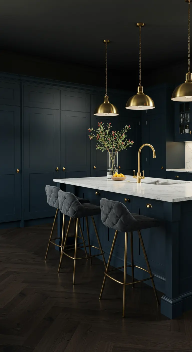 Donkerblauwe keuken met kookeiland, messing hanglampen, kraan en fluwelen barkrukken met messing poten.