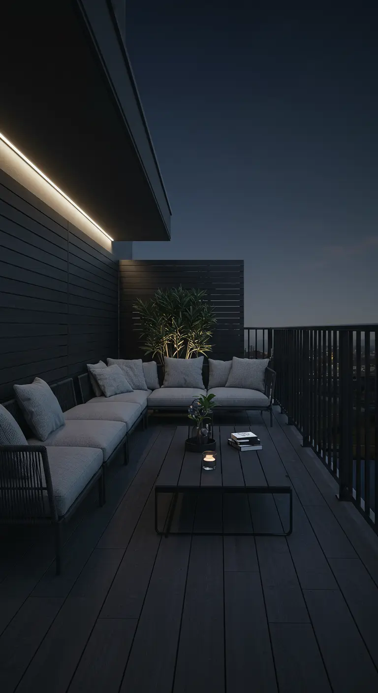 Modern donker balkon 's nachts met grijze loungebank, donkere vloer en wand, en LED-verlichting.