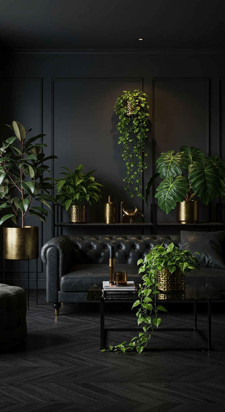 Chique donkere woonkamer met zwarte muren, leren bank en planten in gouden potten.