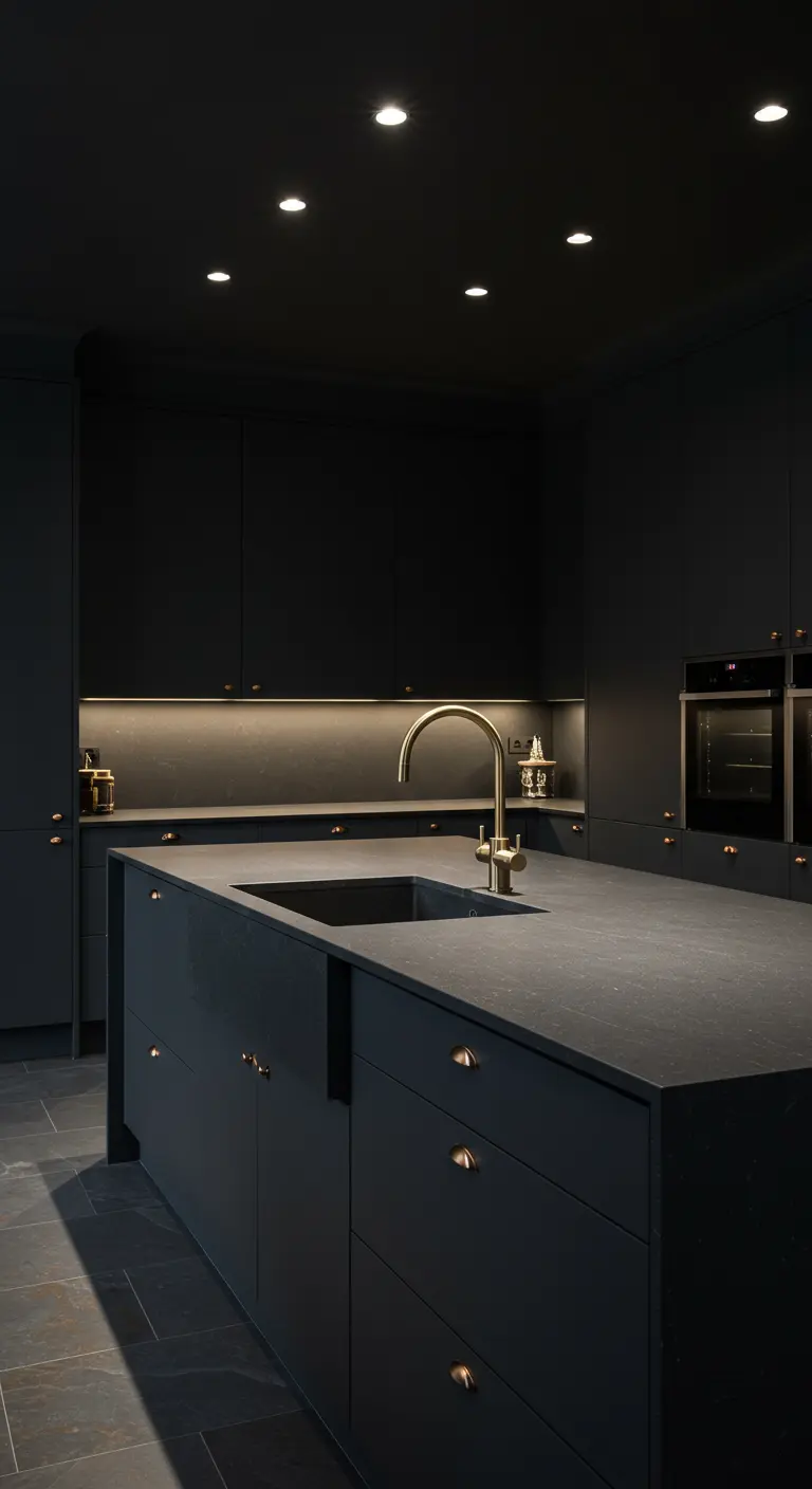 Donkere, moderne keuken met matzwarte spoelbak, zwart eiland en gouden kraan.