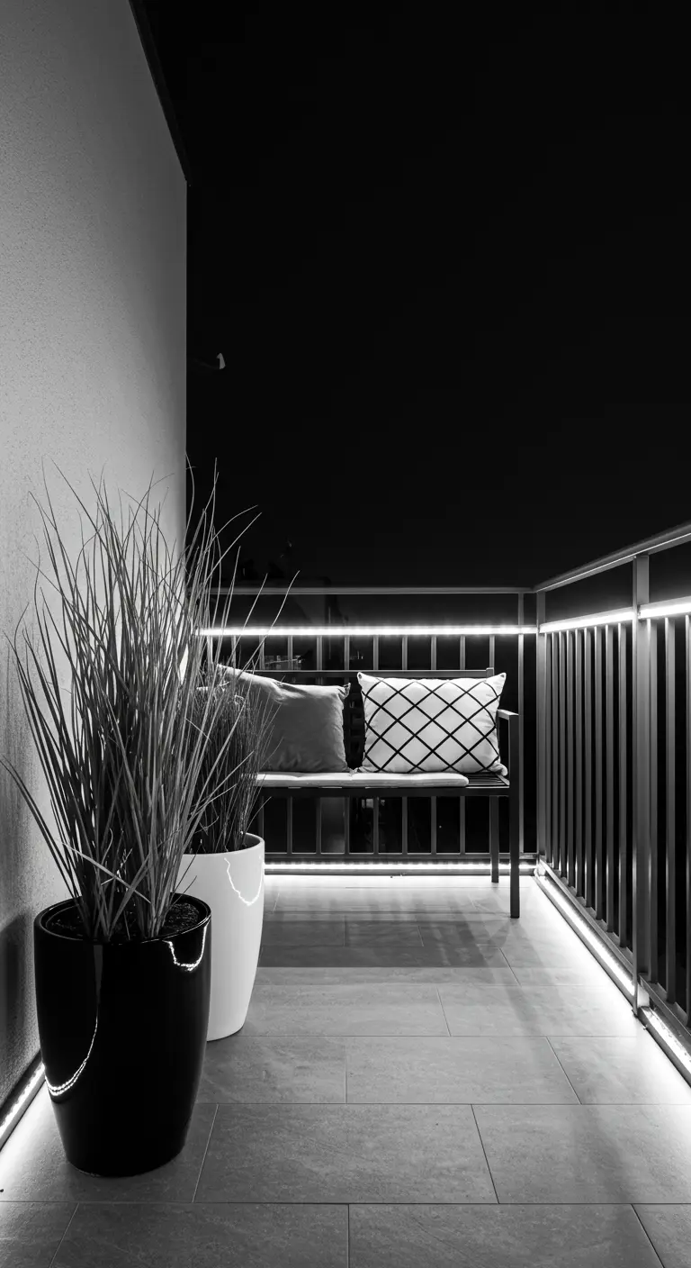 Modern balkon met LED-verlichting onder de reling en strakke meubels, zwart-wit.