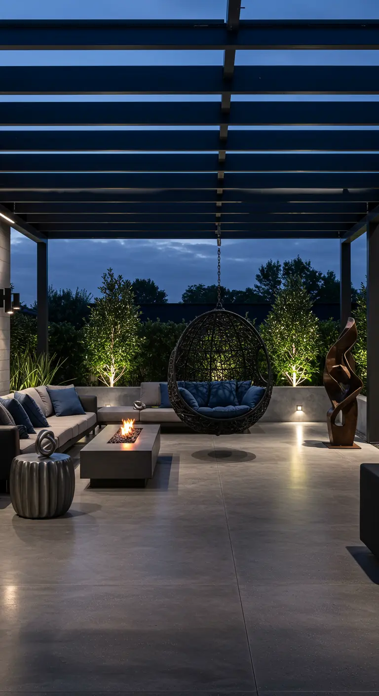 Moderne zwarte hangstoel op een overdekt terras met loungeset en vuurtafel 's avonds.