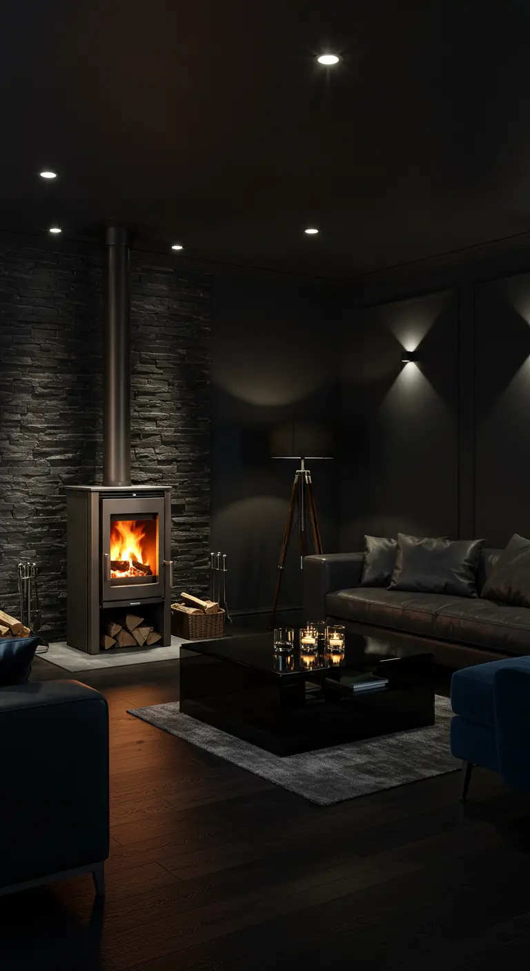 Houtkachel tegen donkere stenen muur in een sfeervol, donker interieur.