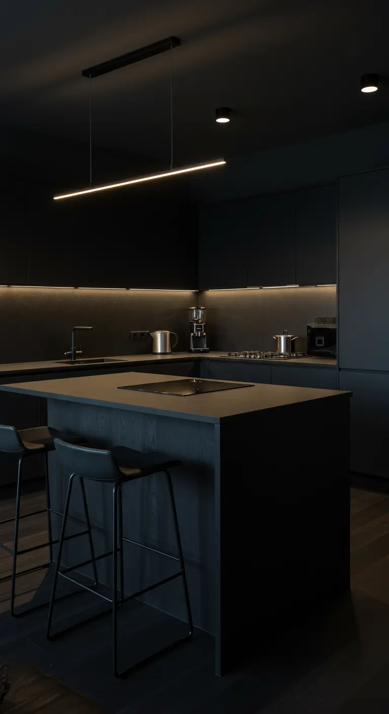 Bijna zwarte, matte keuken met minimalistische LED-verlichting.