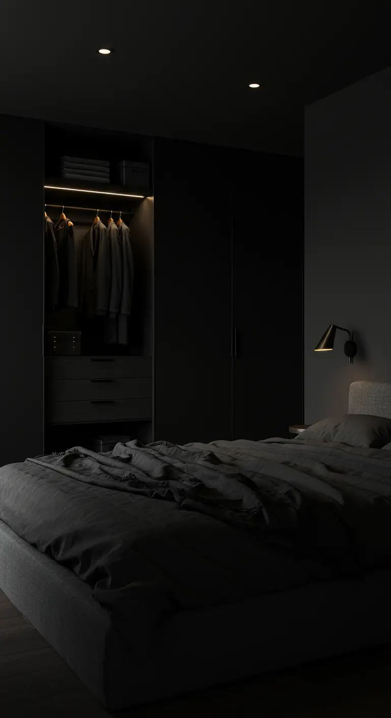 Ultra-minimalistische donkere slaapkamer met zwarte open kast en subtiele accentverlichting.