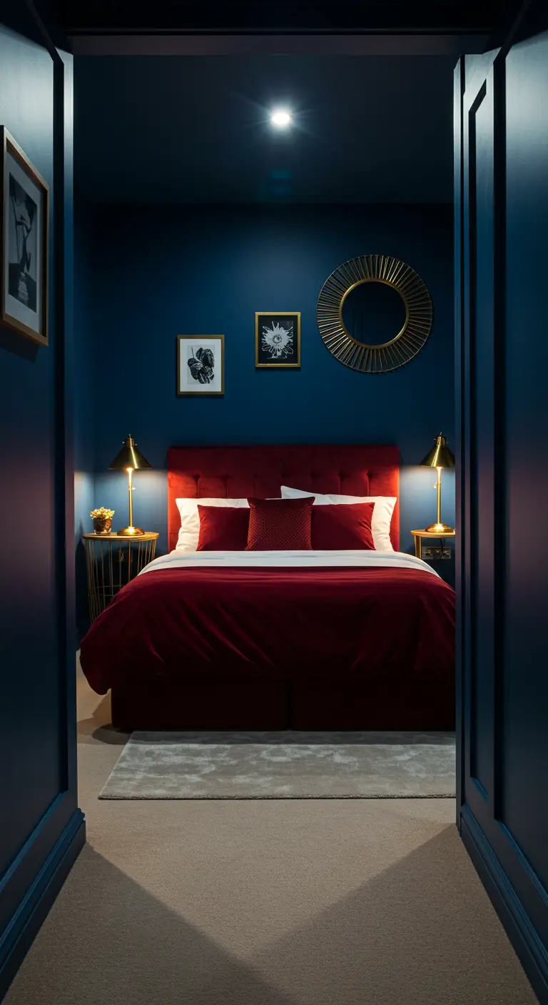 Chique, donkerblauwe slaapkamer met een rood bed, gouden lampen en een gouden spiegel.