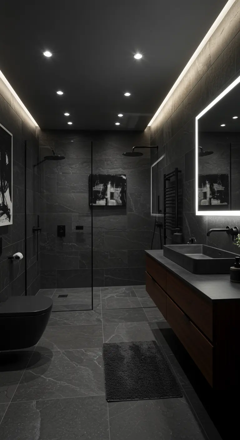 Moderne donkere badkamer met indirecte verlichting en matzwart sanitair.