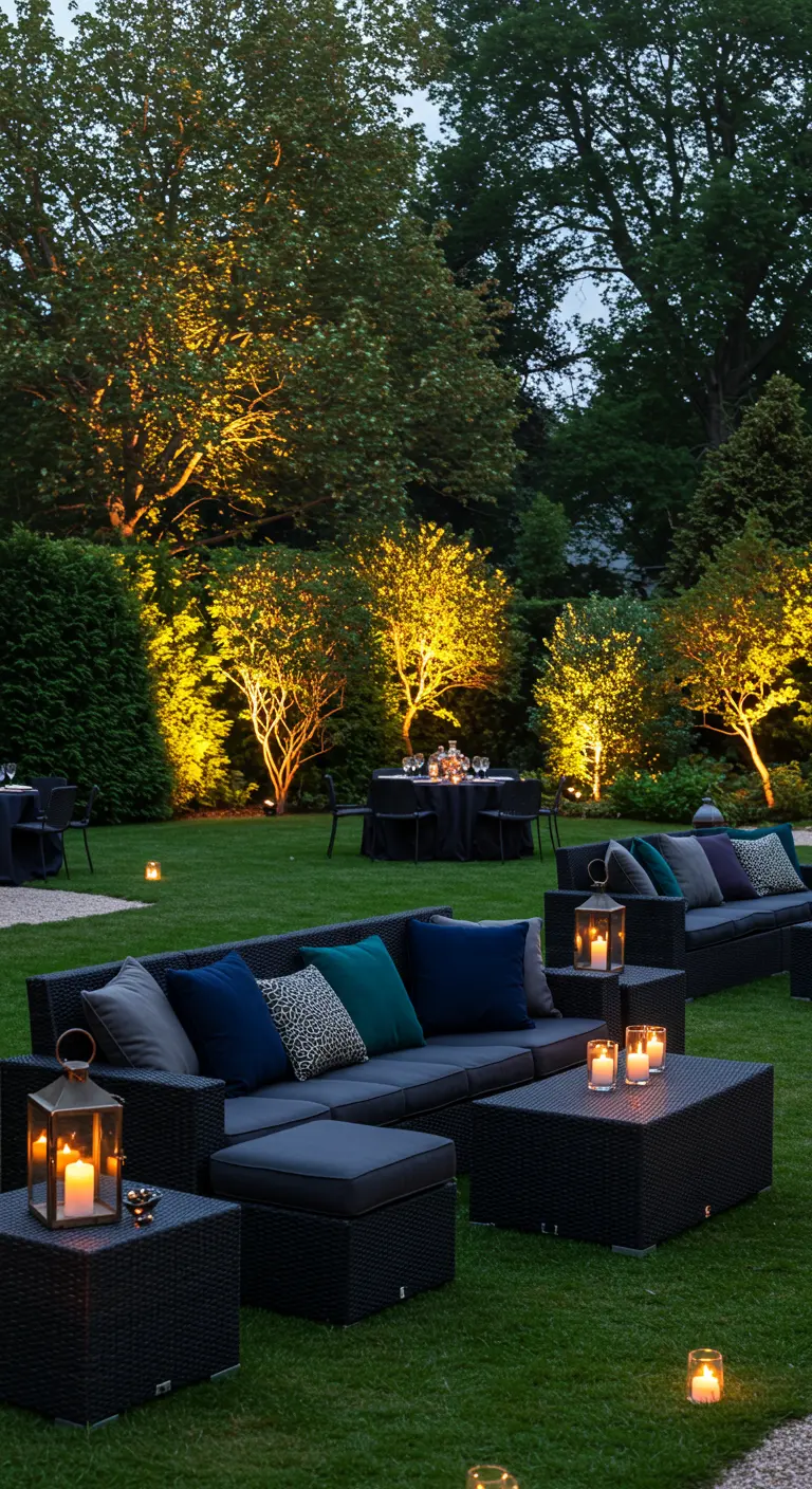 Tuin met donkere loungeset, kussens in blauw en groen, en veel sfeerverlichting.