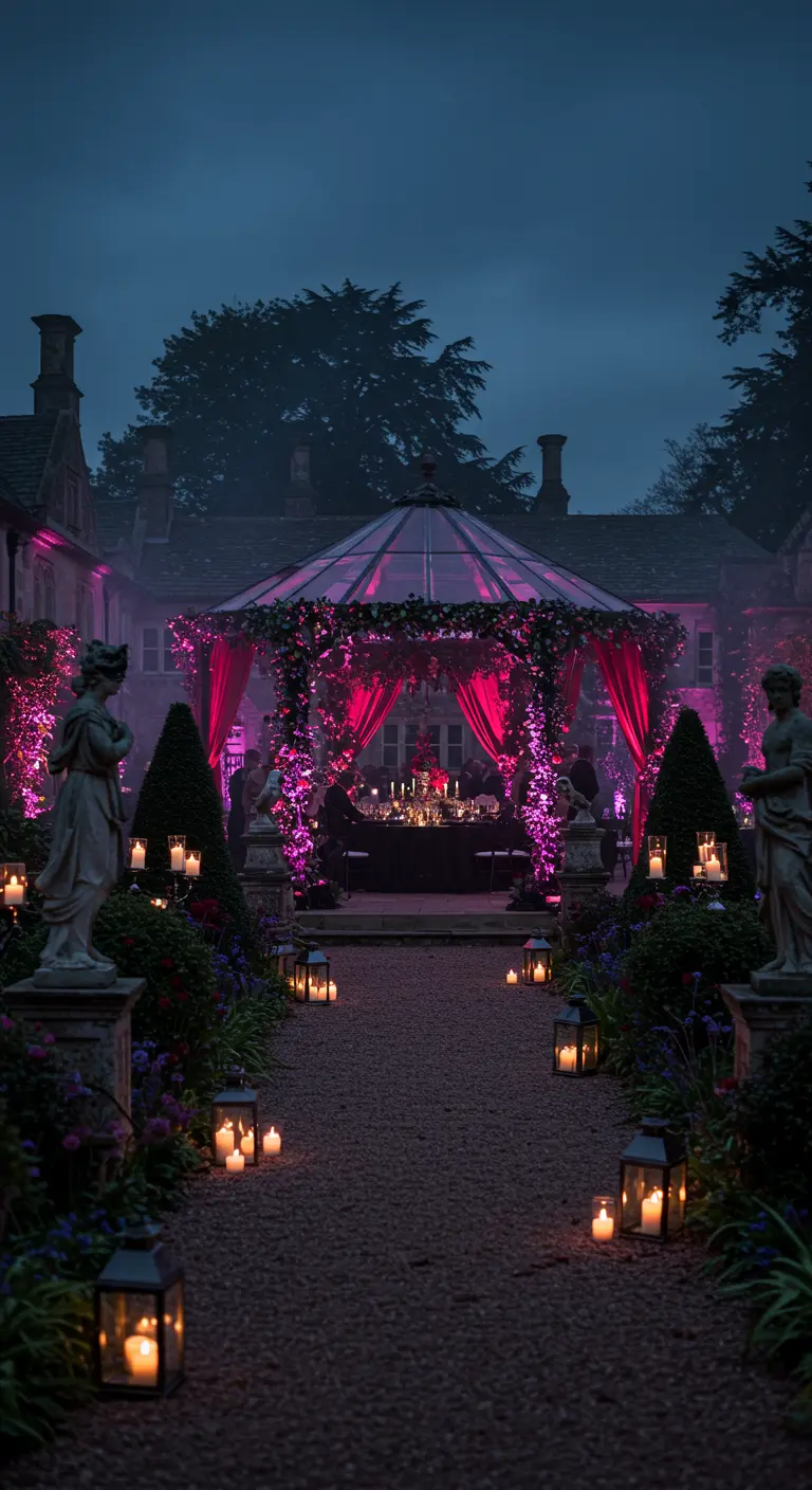 Tuinpaviljoen 's nachts verlicht met dramatisch magenta licht en omringd door kaarsen.