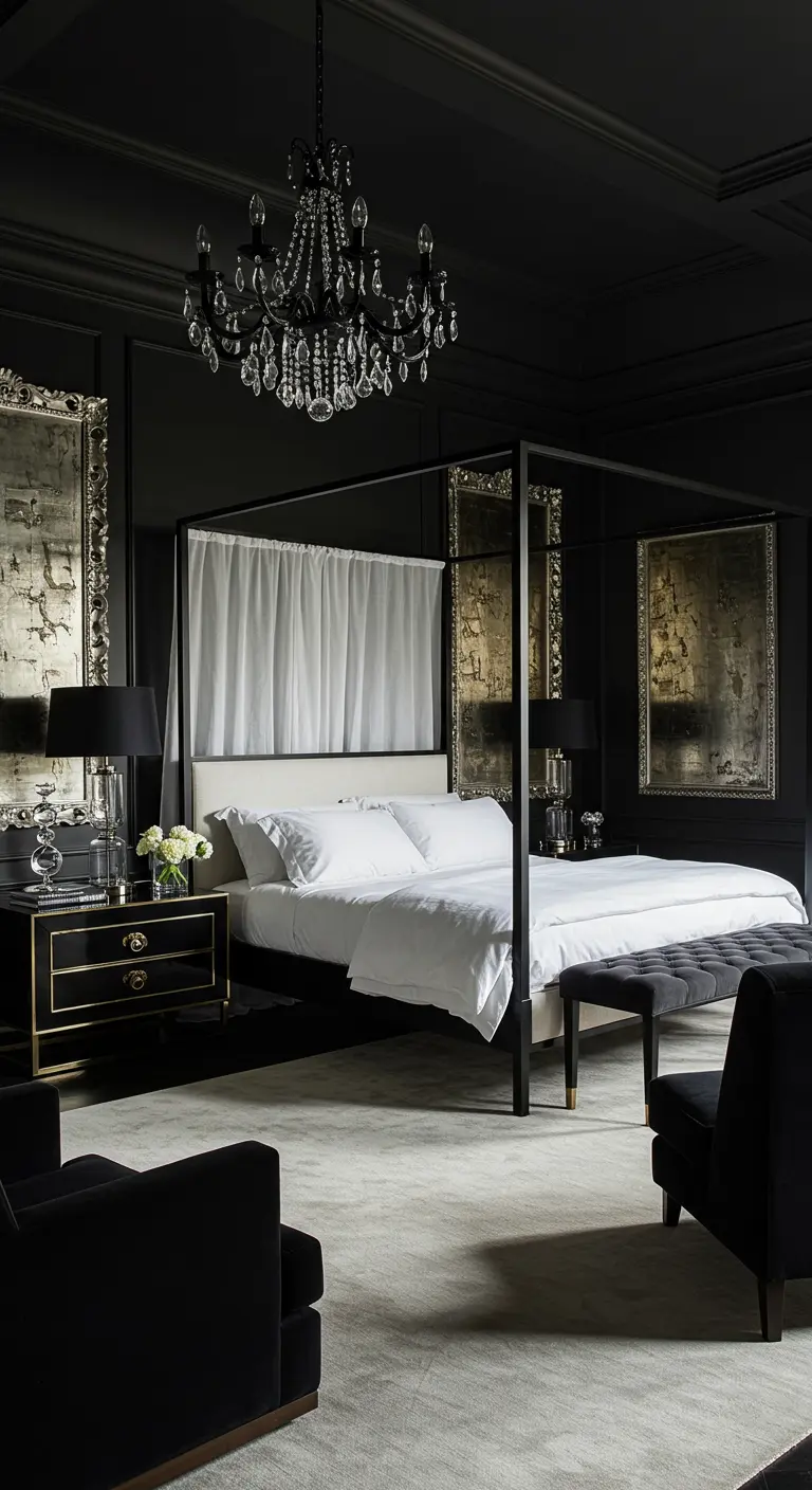 Donkere, luxe slaapkamer met zwart hemelbed, witte gordijnen en kroonluchter.