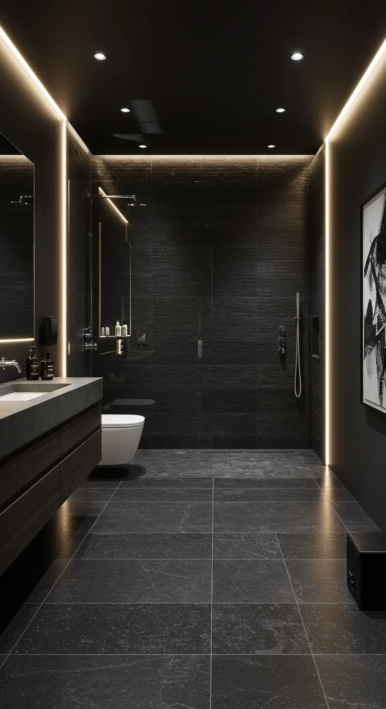 Donkere moderne badkamer met zwarte leisteen tegels en indirecte LED-verlichting.