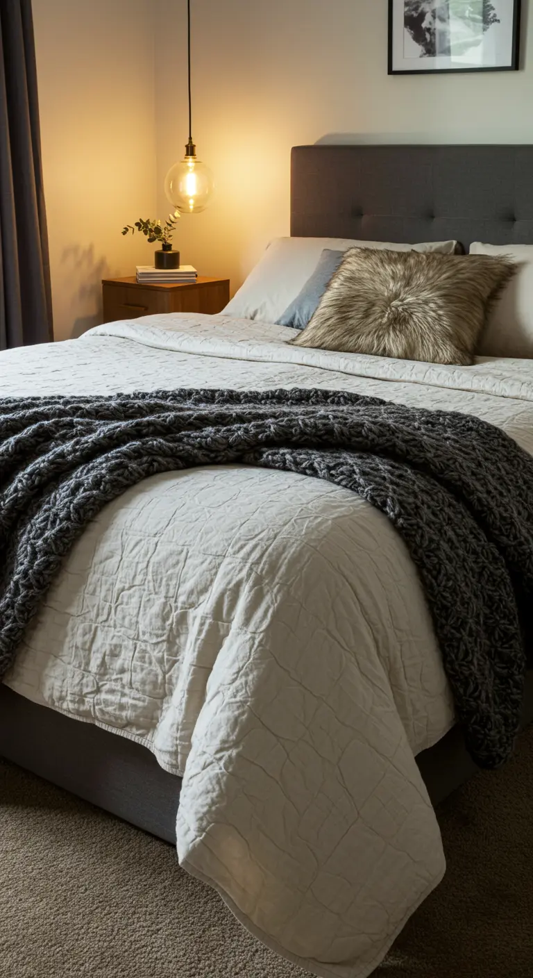 Donkergrijs bed met witte en donkergrijze spreien, en een hanglamp boven het nachtkastje.