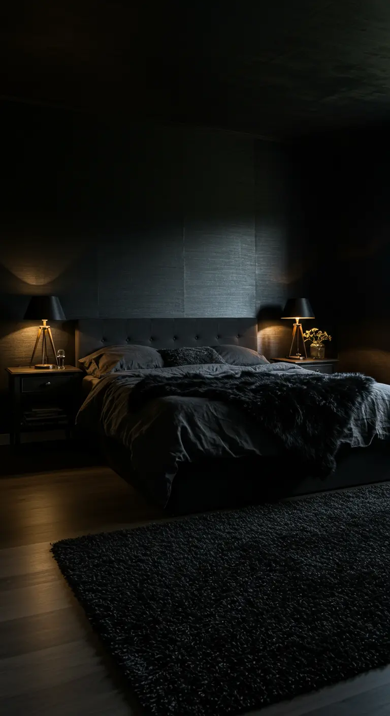 Bijna volledig donkere slaapkamer met sfeerverlichting en diverse texturen.