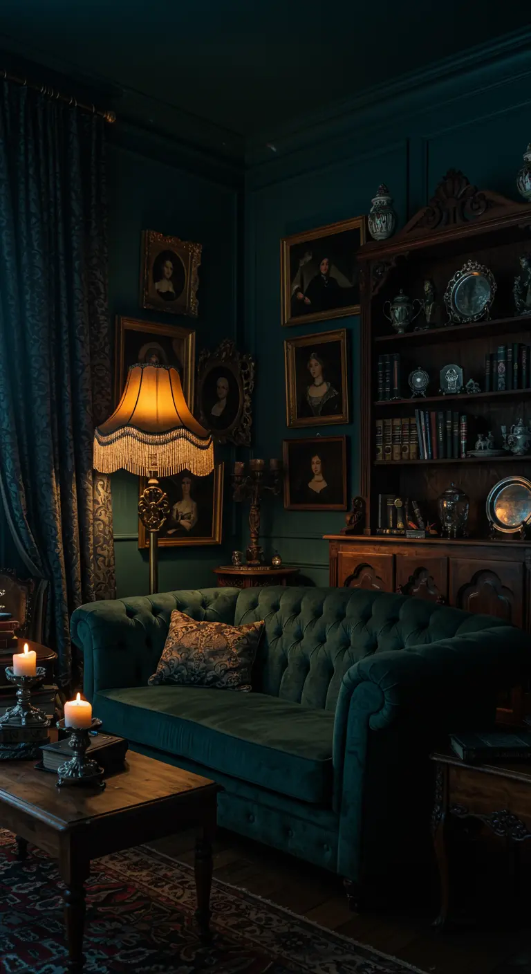 Donkere woonkamer met groene fluwelen Chesterfield, klassieke portretten en sfeervolle schemerlampen.