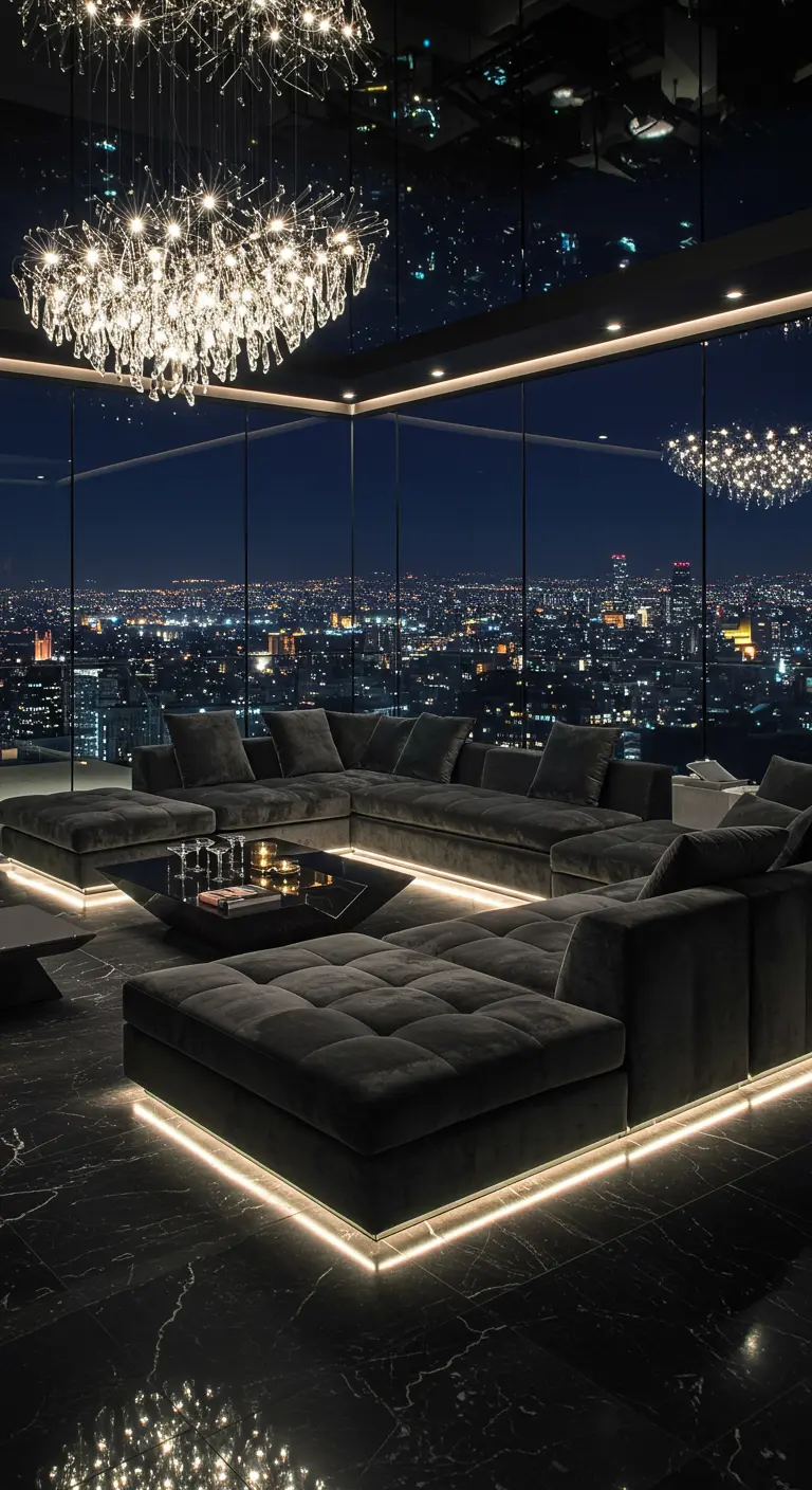 Donkere vierkante loungebank met LED-verlichting eronder, in penthouse met nachtelijk stadszicht.