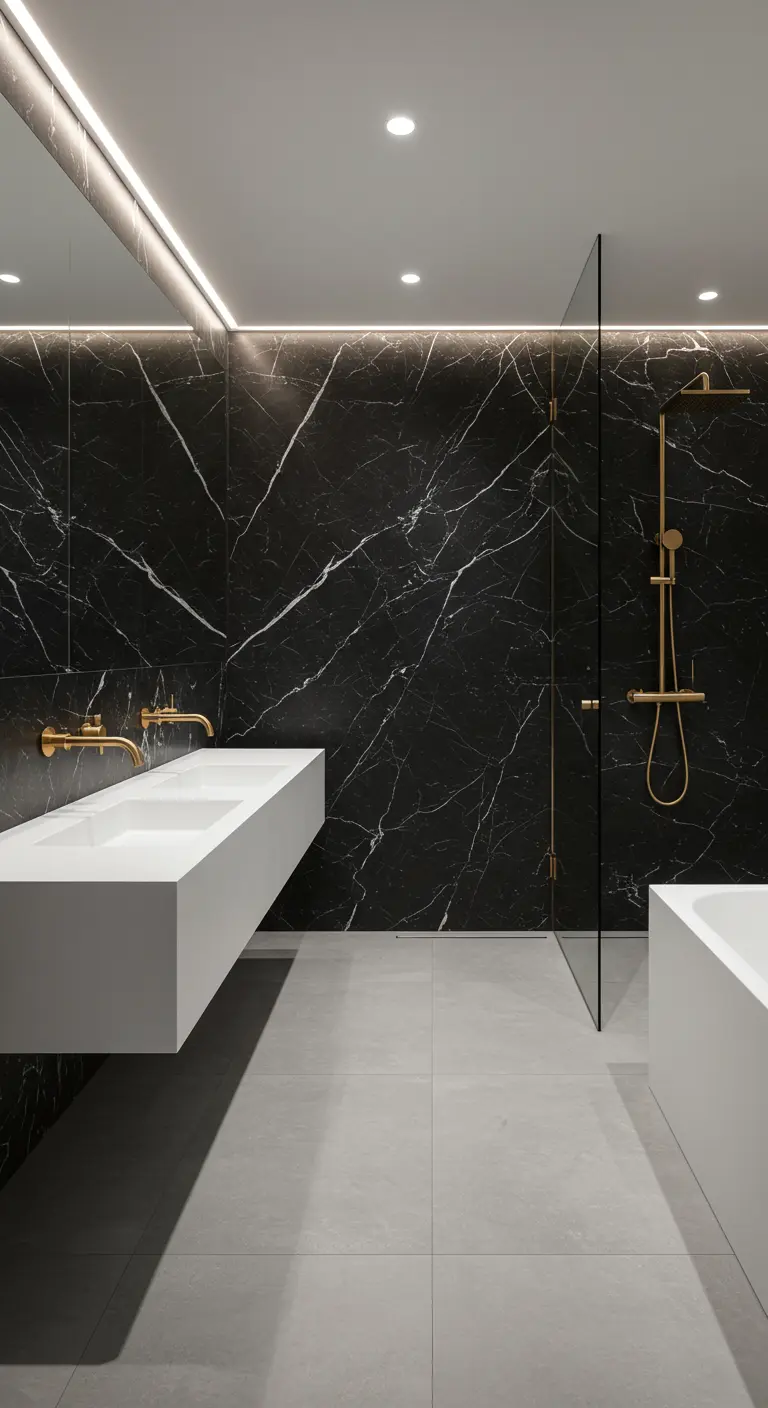 Moderne badkamer met zwart marmer, witte zwevende wastafel en messing inbouwkranen.