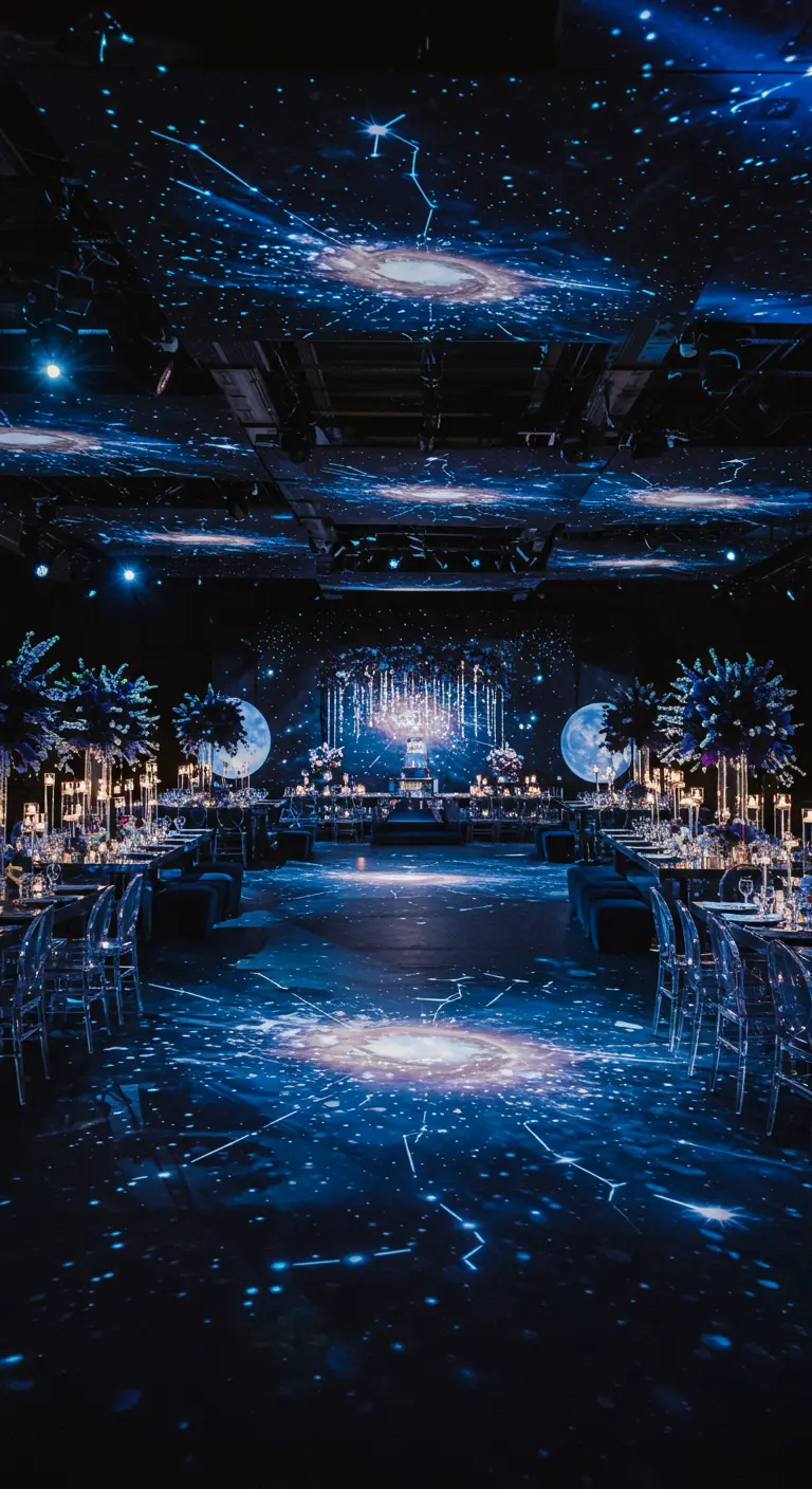 Feestzaal met kosmische sterrenprojectie, donkerblauw en transparante stoelen.