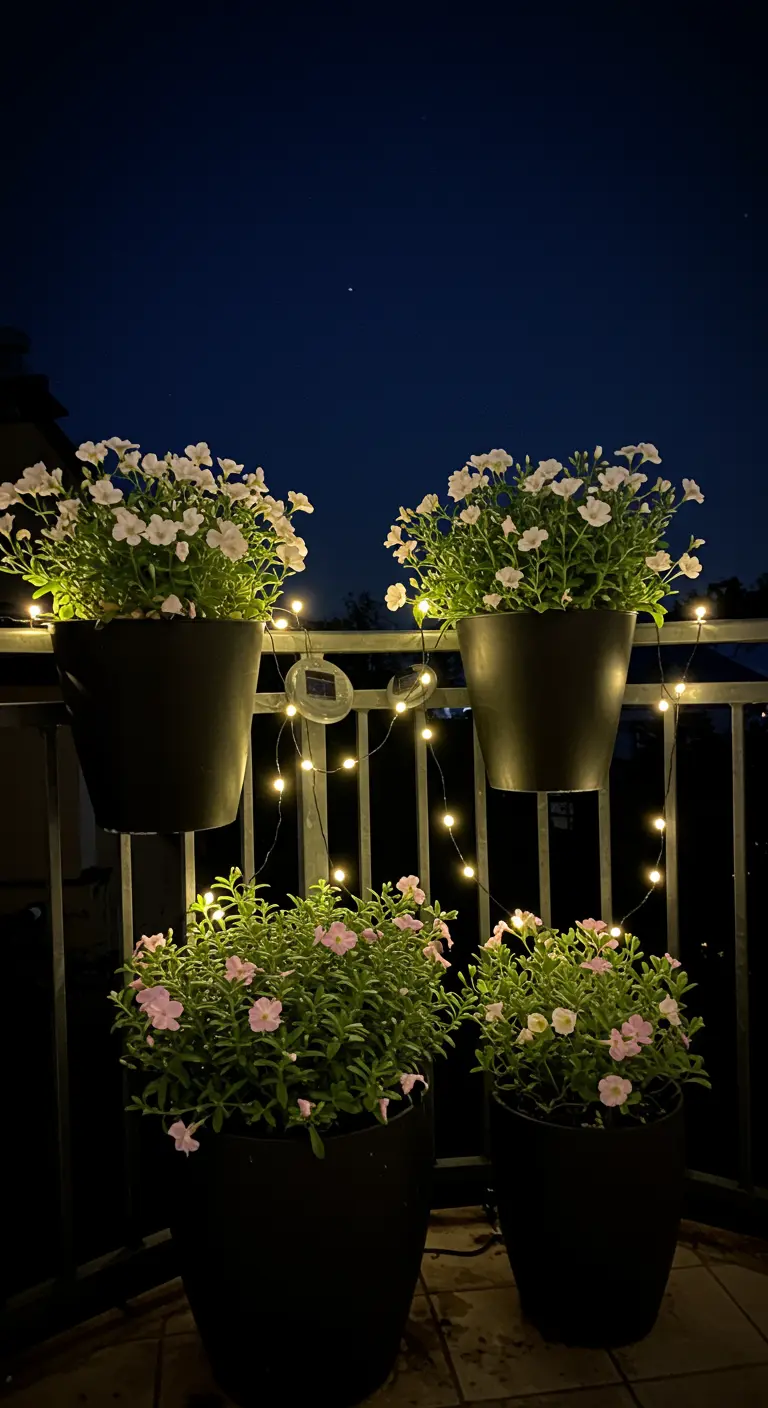 Zwarte hangpotten met witte bloemen en een lichtsnoer op balkon 's nachts.