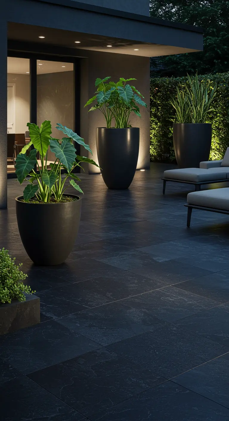 Modern donker terras met grote zwarte potten met blikvangers en subtiele uplights die de planten verlichten.