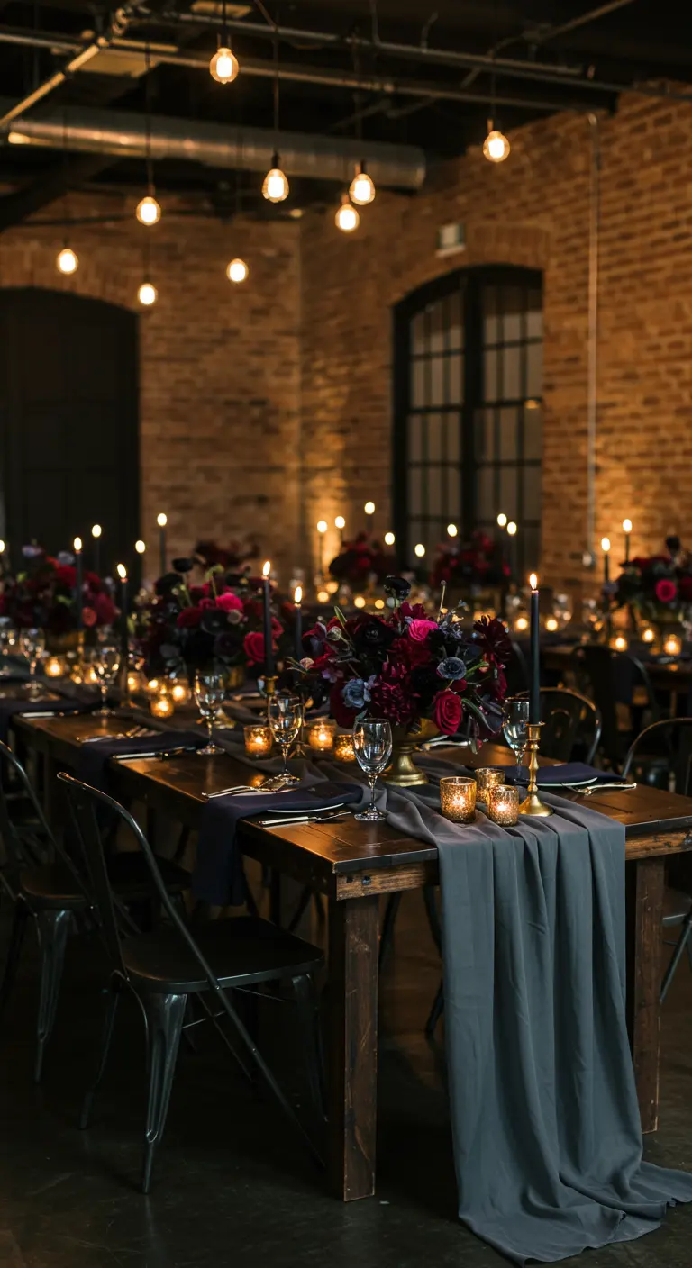 Industriële tafel met donkergrijze loper, donkere bloemen en zwarte kaarsen.