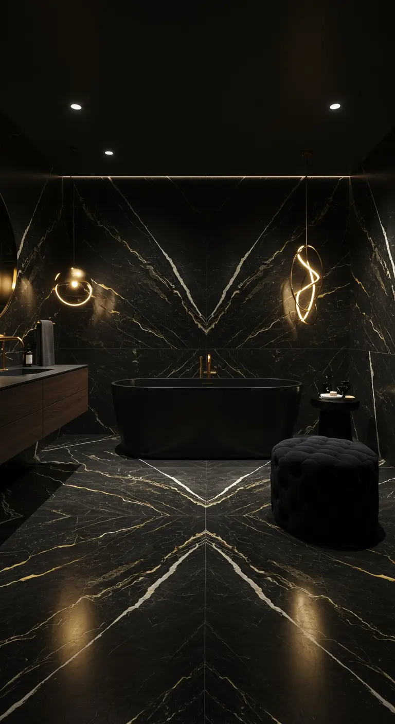 Luxe donkere badkamer met zwart marmeren vloer met gouden aders.