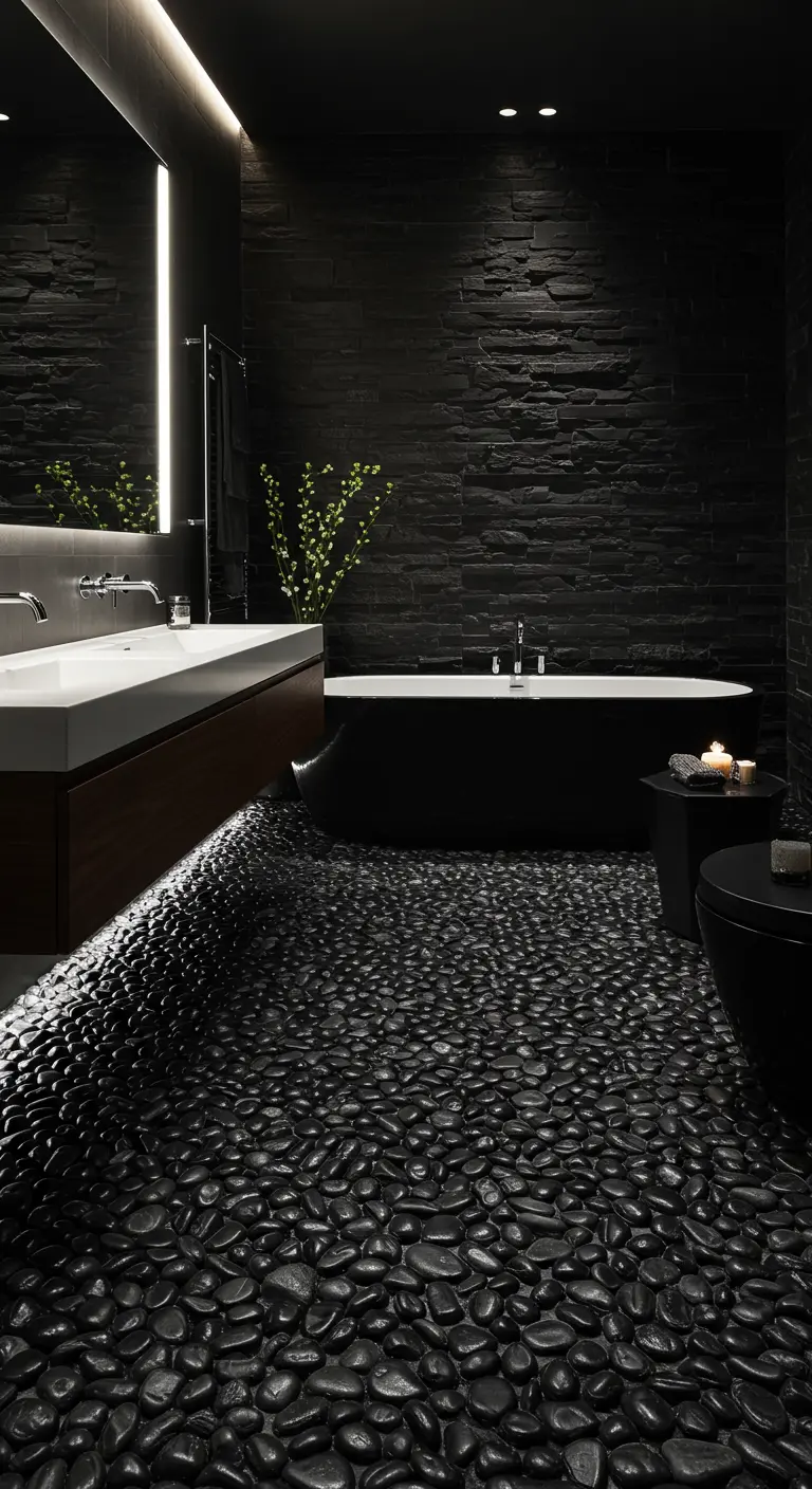 Donkere badkamer met zwarte kiezelvloer, zwarte stenen muur en modern sanitair.