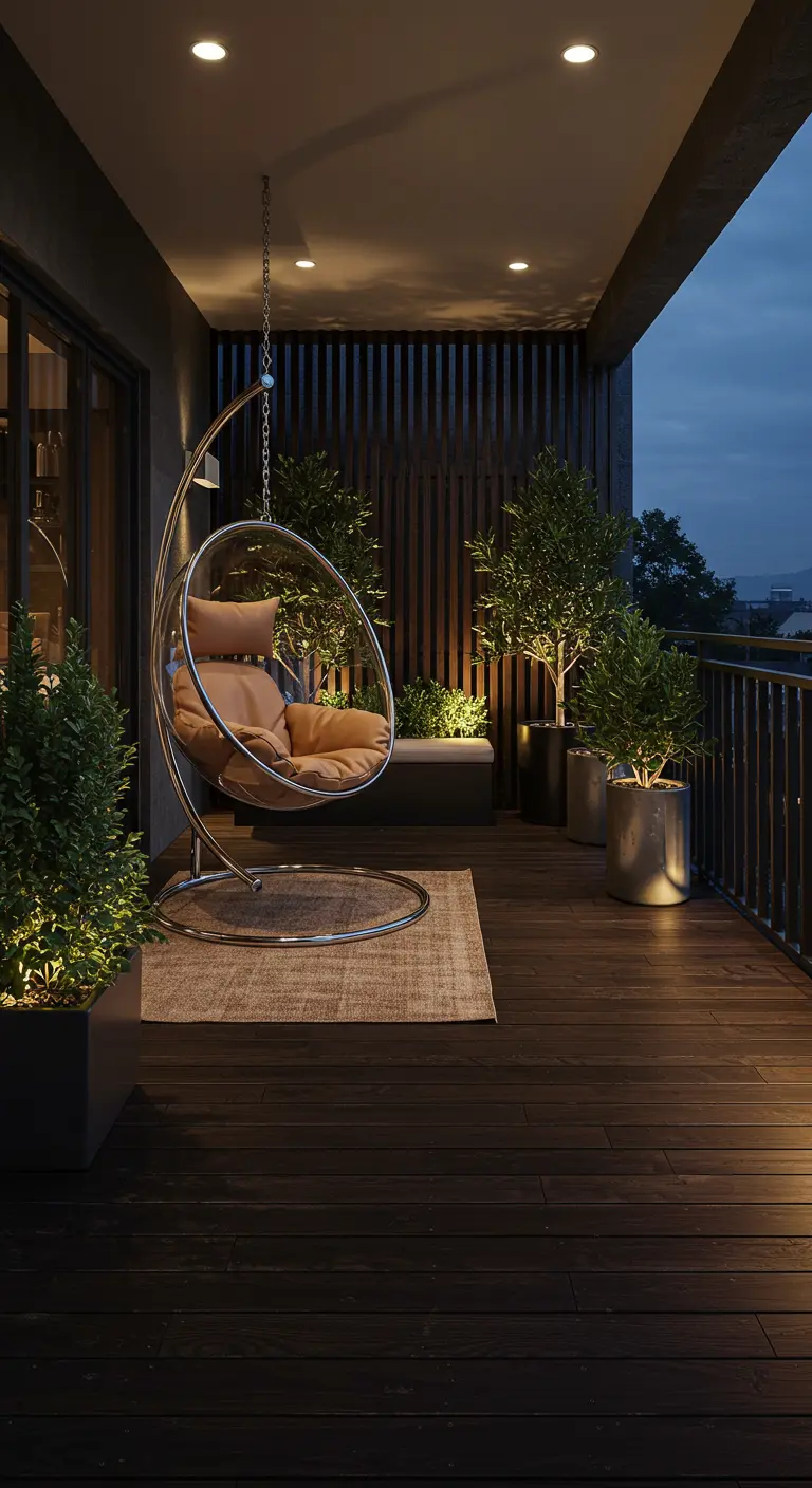 Modern balkon met donkere houten vloer, gouden hangstoel en sfeervolle up-lighting.