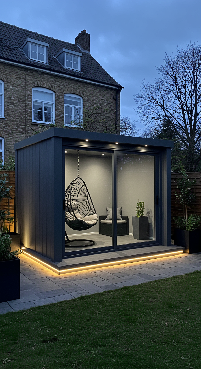 Modern donkergrijs tuinhuis met glazen pui, zwarte hangstoel en LED-verlichting.