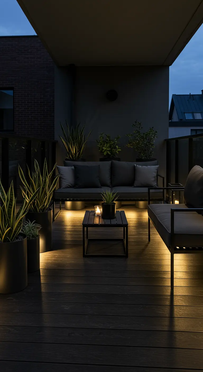 Donker modern balkon met sfeervolle uplighting op planten in potten, kaarsen op tafel.