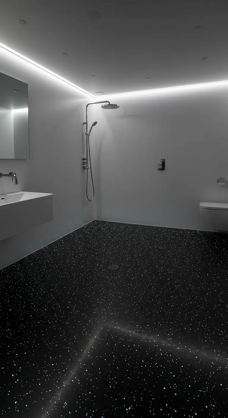 Minimalistische badkamer met een donkere douchevloer die bezaaid is met kleine lichtpuntjes als een sterrenhemel.