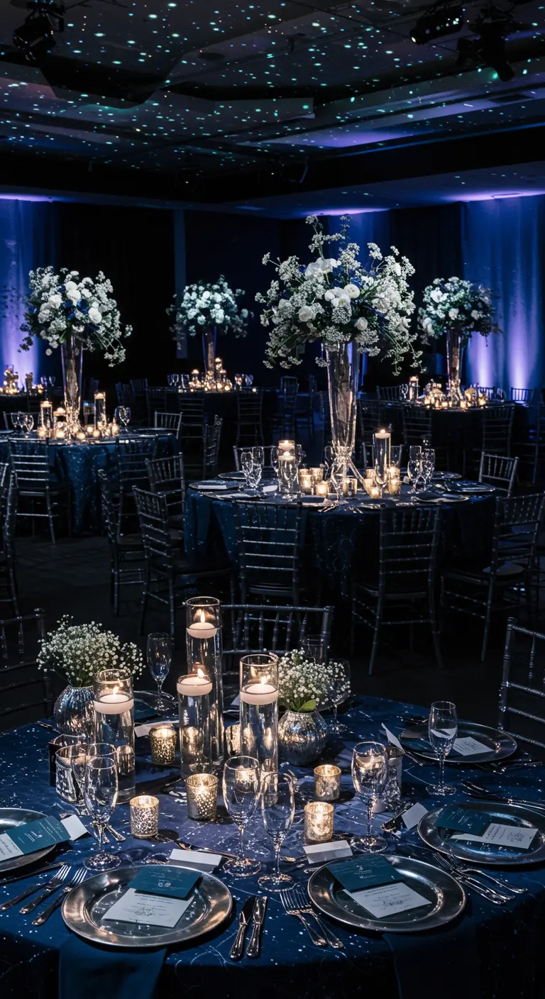 Luxe avondreceptie met donkerblauwe tafelkleden, hoge bloemstukken en een sterrenhemel van lichtjes.