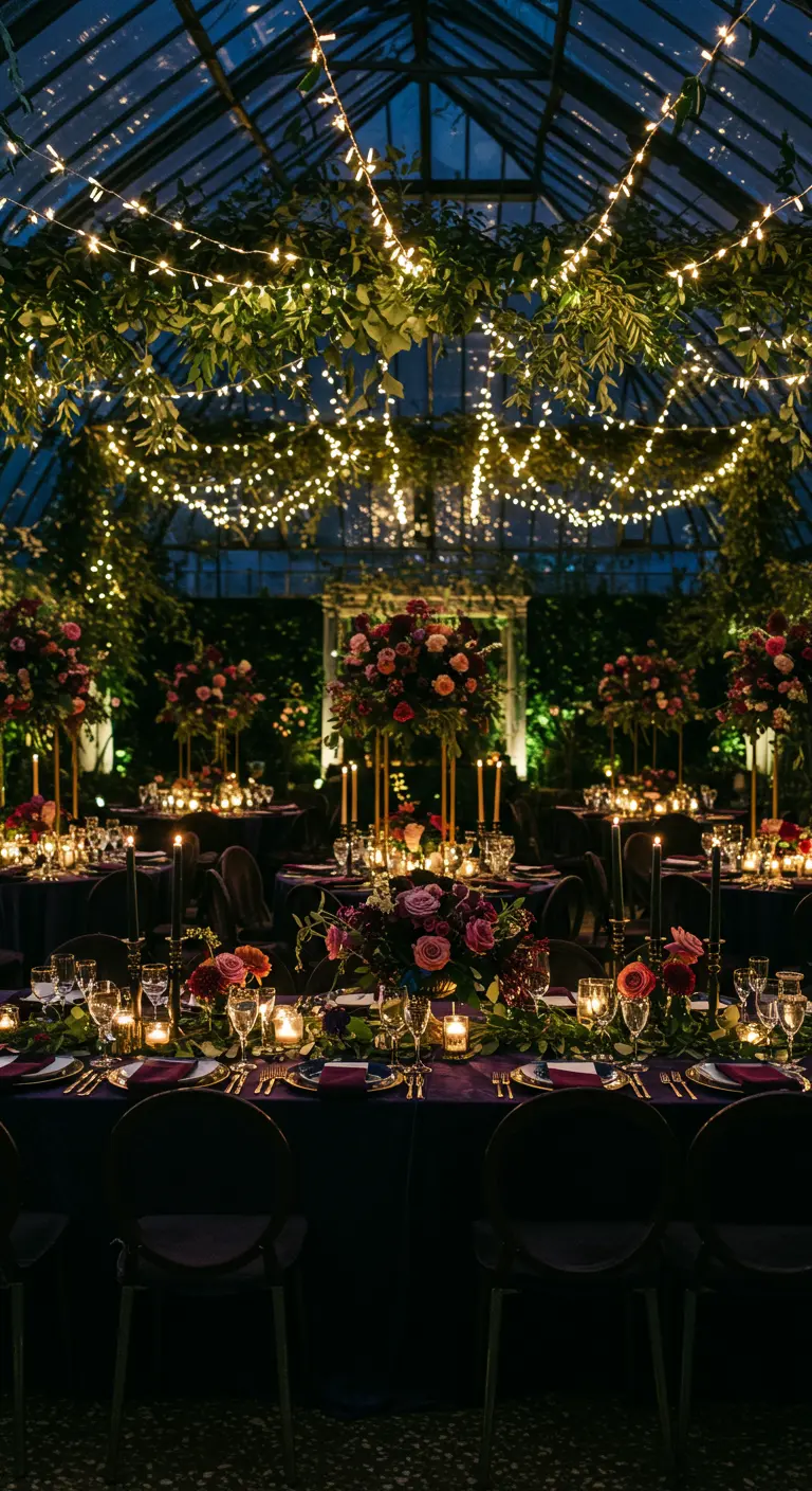 Bruiloft in kas 's nachts met fairy lights, donkere tafelkleden en bloemen in juweeltonen.