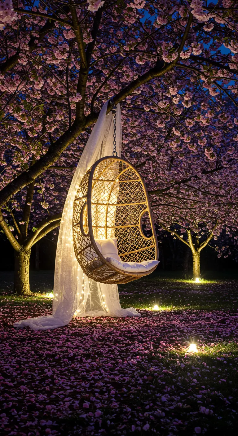 Verlichte rieten hangstoel met sluier in roze bloesemgaard bij nacht.