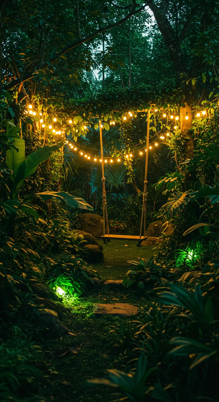 Houten schommel in een donkere jungleomgeving, sfeervol verlicht door warme lichtslingers.