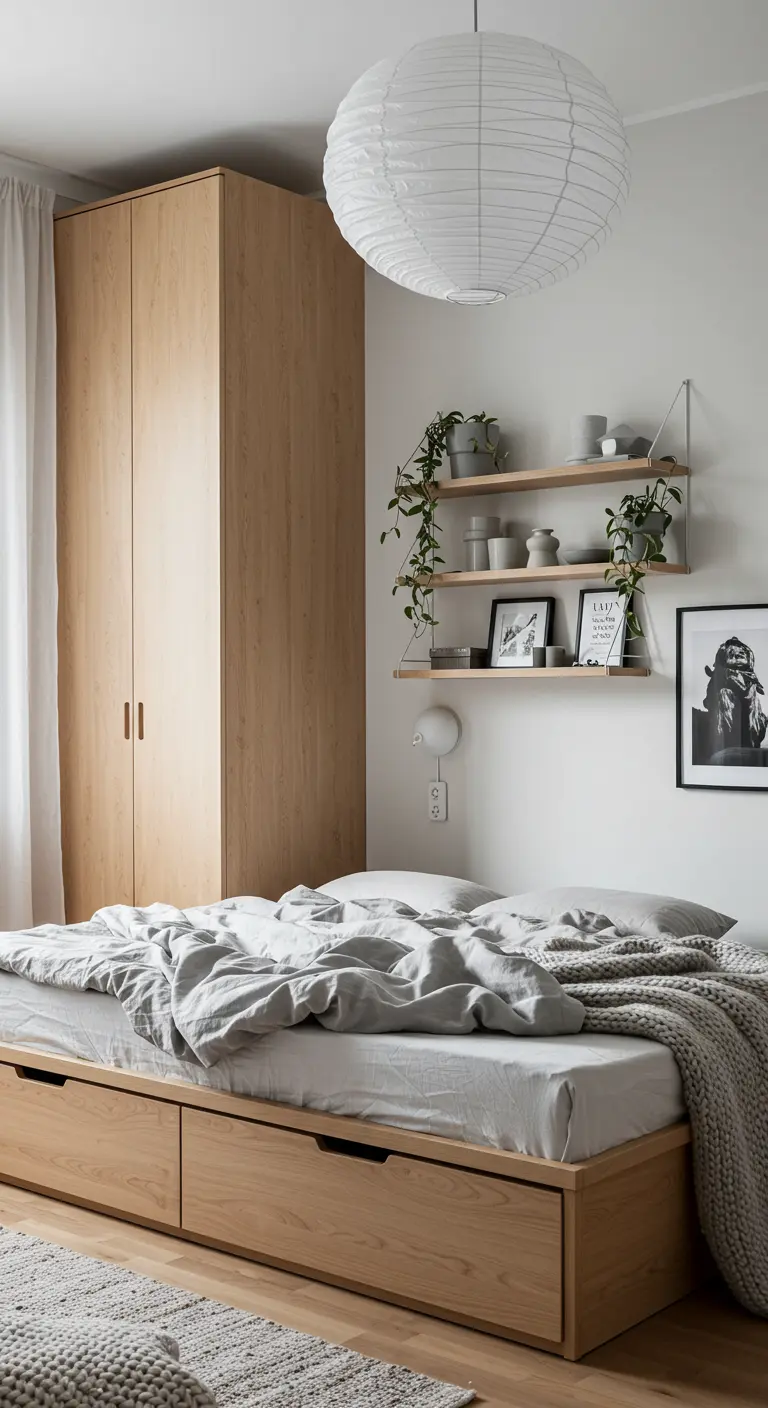 Scandinavische slaapkamer met houten bed met lades en wandplanken.