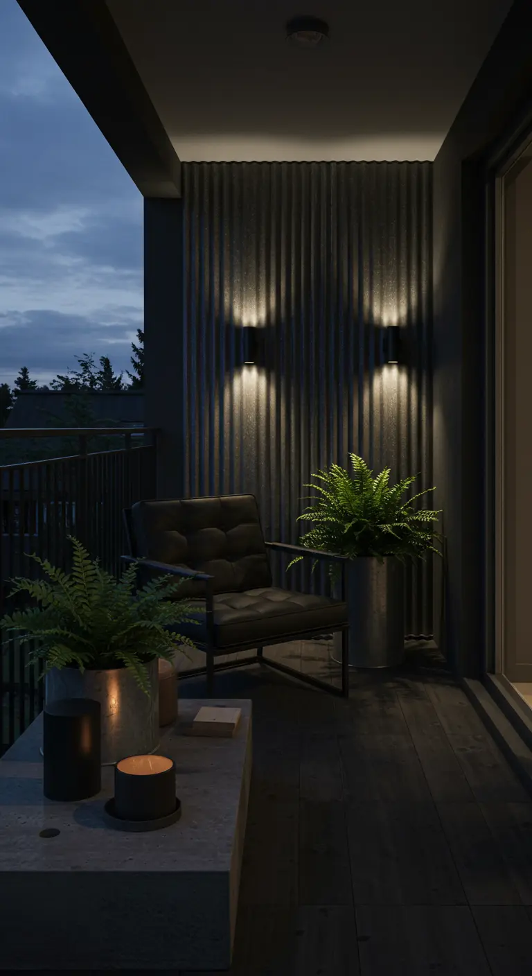 Donker balkon met golfplaten wand, leren fauteuil en sfeervolle verlichting.
