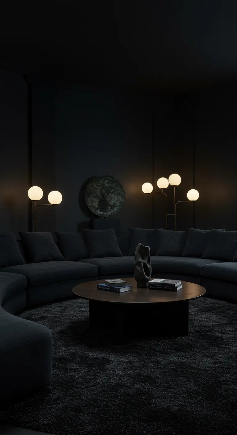 Donkere, minimalistische woonkamer met zwarte gebogen bank en bolvormige lampen.