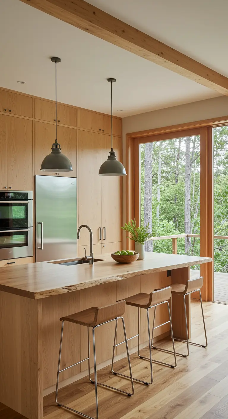 Licht eiken keuken met robuust houten eilandblad en uitzicht op de natuur.