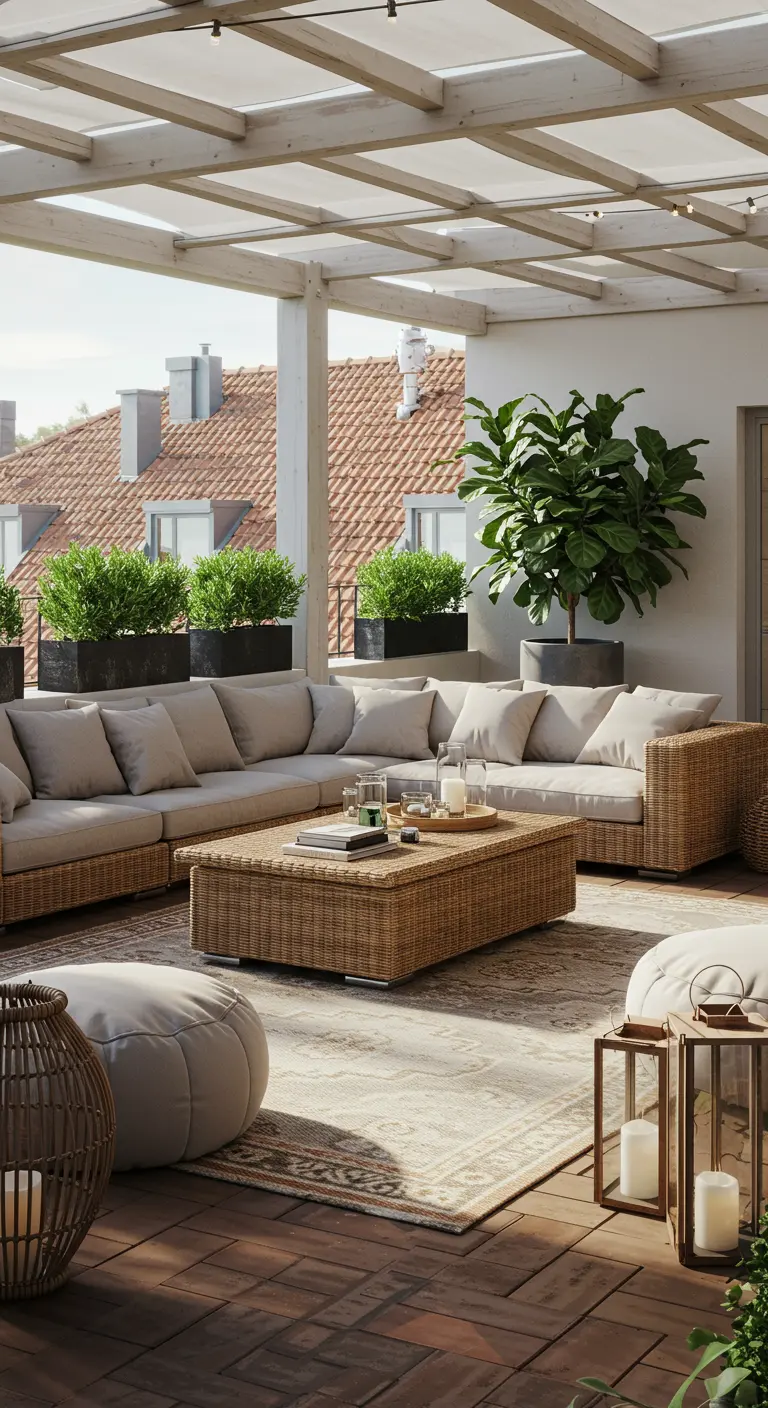 Ruim overdekt terras met rotan loungeset op een groot beige buitenkleed met een fijn patroon.