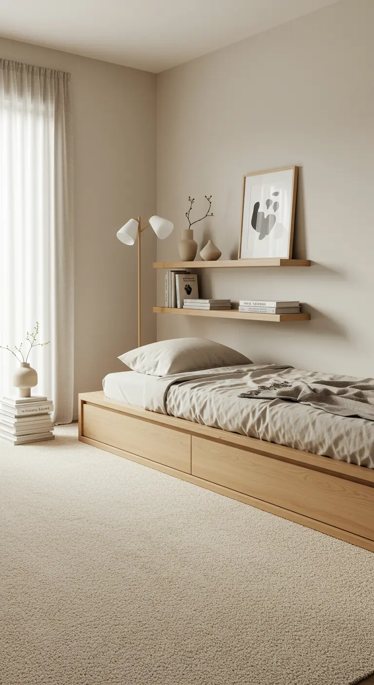 Lichte Scandinavische slaapkamer met beige tapijt, houten bed en wandplanken.