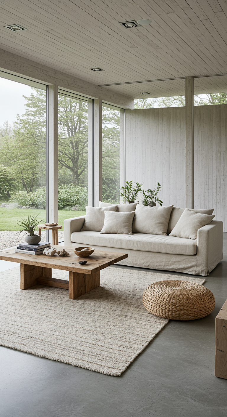 Lichte minimalistische woonkamer met een groot naturelkleurig geweven vloerkleed.