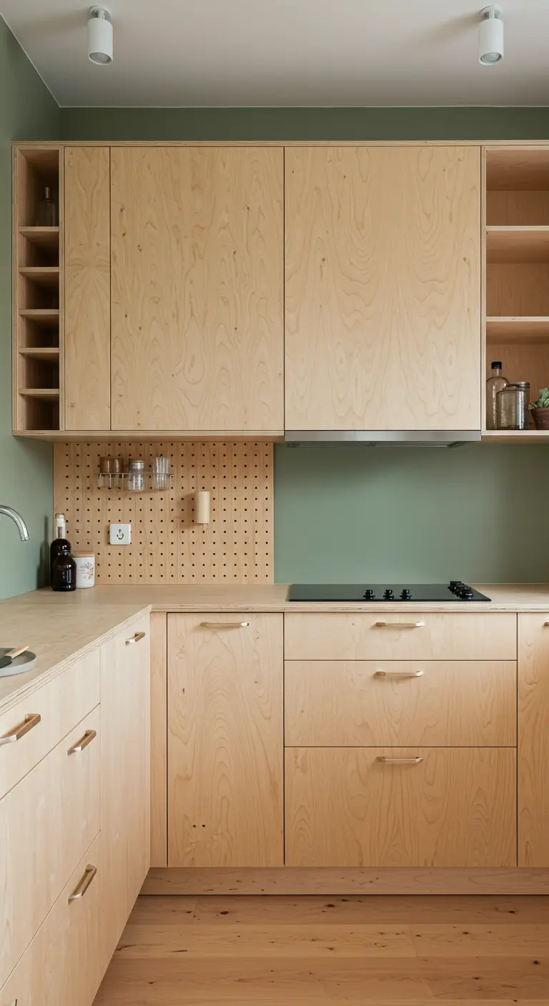 Matte multiplex keuken met saliegroene muur en pegboard.