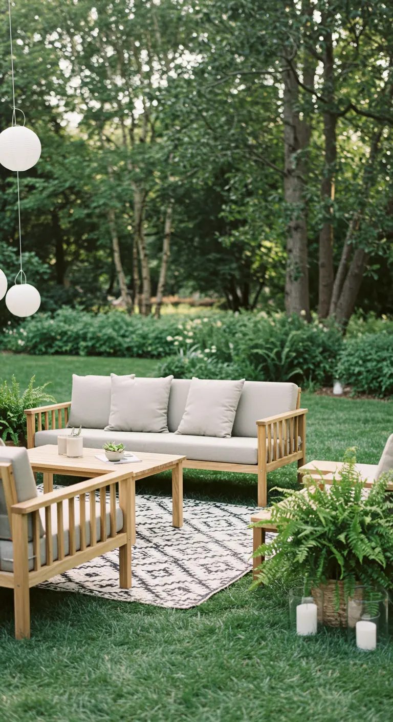 Houten loungeset met naturel kussens, grafisch kleed en witte lampionnen in tuin.