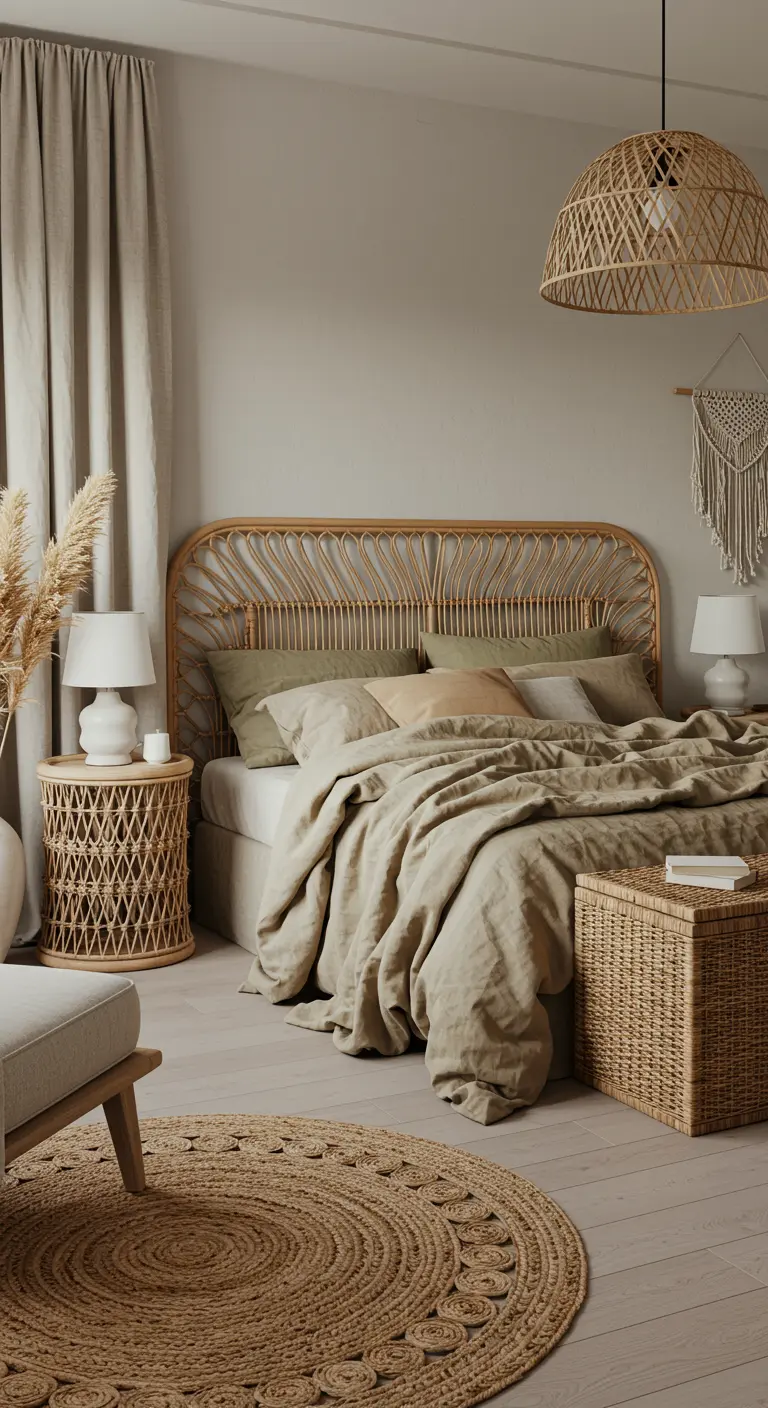 Slaapkamer met rotan hoofdbord, beige tinten en natuurlijke materialen.